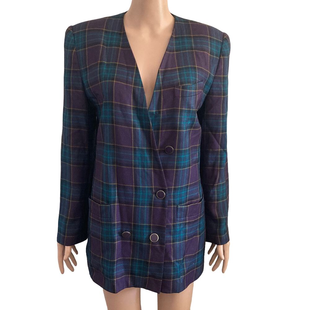 Vintage Stirling Cooper Blazer Womens 8 Plaid 2 Button Purple Green